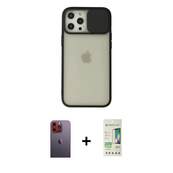 MARSİLYAN™- iPhone 12 Pro Max Kılıf Vadi Çizgi - Siyah 20D Premium Cam Ekran Koruyucu + Neon Fosforlu Kamera Lens - TU