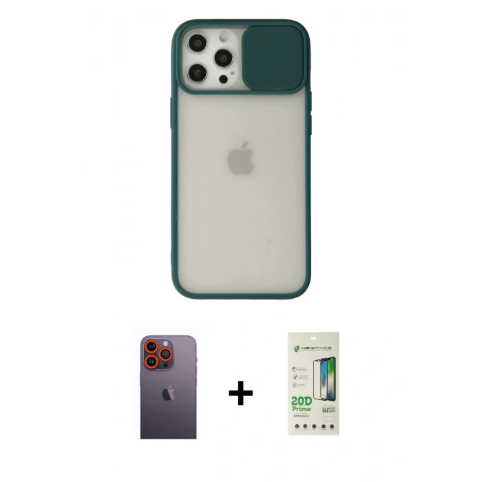MARSİLYAN™- iPhone 12 Pro Max Kılıf Vadi Çizgi - Siyah 20D Premium Cam Ekran Koruyucu + Neon Fosforlu Kamera Lens - TU