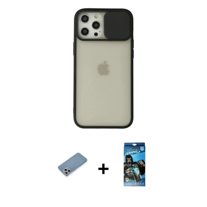 MARSİLYAN™- iPhone 12 Pro Max Kılıf Vadi Çizgi - Siyah 34D Izgaralı Cam + Shine Kamera Lens Koruma Cam - GS
