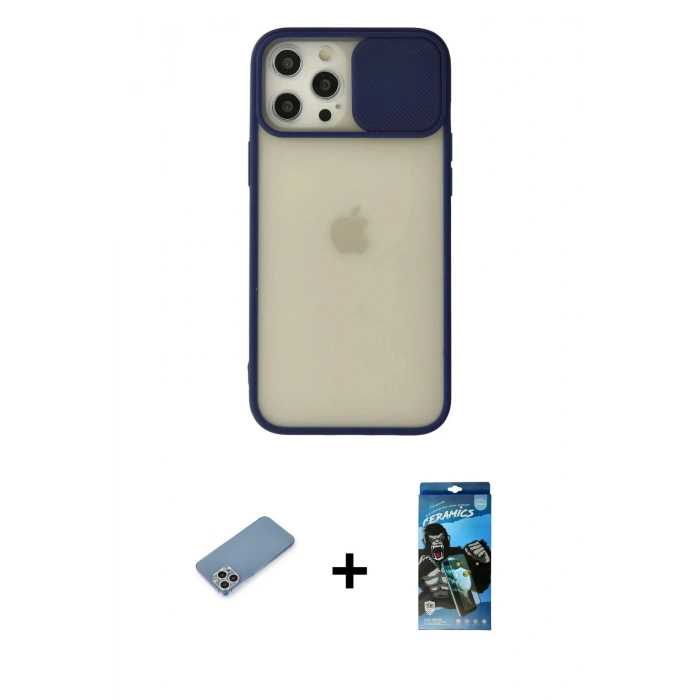 MARSİLYAN™- iPhone 12 Pro Max Kılıf Vadi Çizgi - Siyah 34D Izgaralı Cam + Shine Kamera Lens Koruma Cam - GS