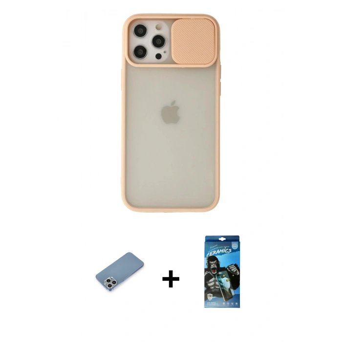 MARSİLYAN™- iPhone 12 Pro Max Kılıf Vadi Çizgi - Siyah 34D Izgaralı Cam + Shine Kamera Lens Koruma Cam - GS