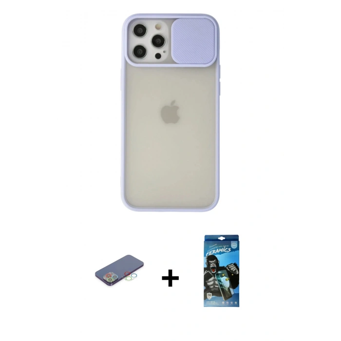 MARSİLYAN™- iPhone 12 Pro Max Kılıf Vadi Çizgi - Siyah 34D Izgaralı Cam + Mavi Renkli Kamera Lens Koruma Cam
