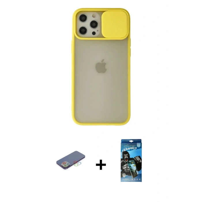 MARSİLYAN™- iPhone 12 Pro Max Kılıf Vadi Çizgi - Siyah 34D Izgaralı Cam + Mavi Renkli Kamera Lens Koruma Cam