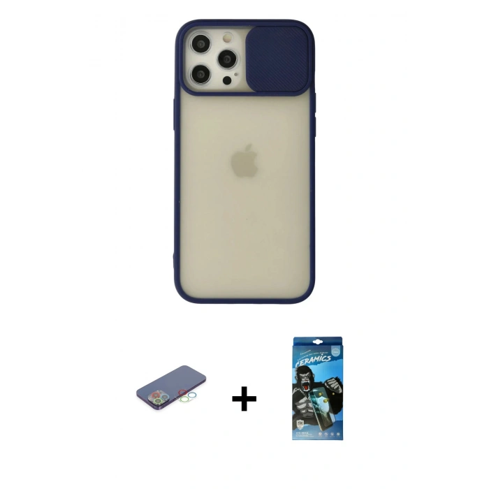 MARSİLYAN™- iPhone 12 Pro Max Kılıf Vadi Çizgi - Siyah 34D Izgaralı Cam + Mavi Renkli Kamera Lens Koruma Cam