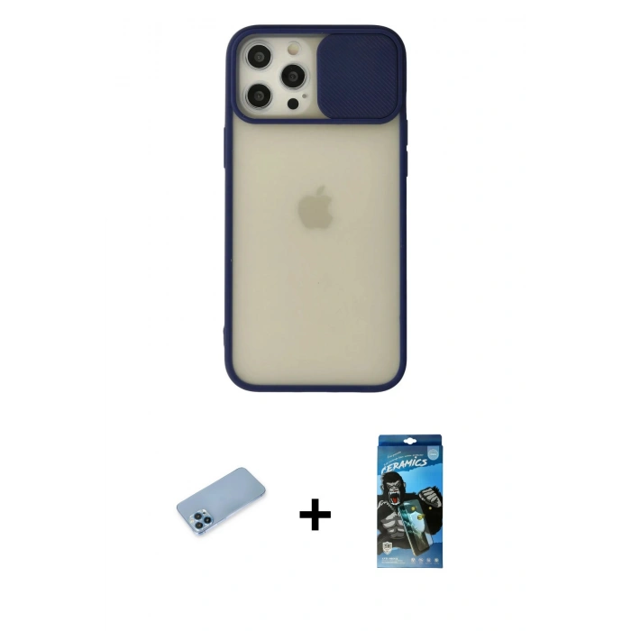 MARSİLYAN™- iPhone 12 Pro Max Kılıf Vadi Çizgi - Siyah 34D Izgaralı Cam + Mavi Shine Kamera Lens Koruma Cam