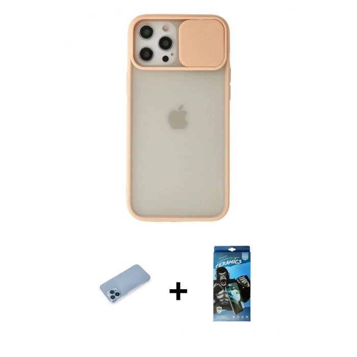 MARSİLYAN™- iPhone 12 Pro Max Kılıf Vadi Çizgi - Siyah 34D Izgaralı Cam + Mavi Shine Kamera Lens Koruma Cam