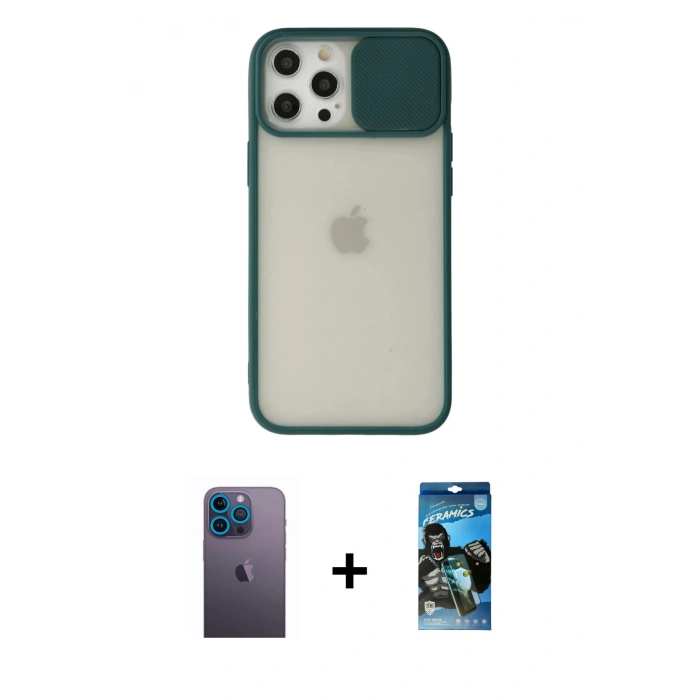 MARSİLYAN™- iPhone 12 Pro Max Kılıf Vadi Çizgi - Siyah 34D Izgaralı Cam + Neon Fosforlu Kamera Lens - MI