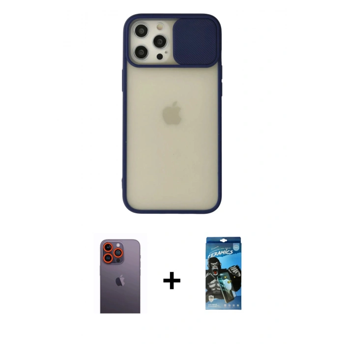 MARSİLYAN™- iPhone 12 Pro Max Kılıf Vadi Çizgi - Siyah 34D Izgaralı Cam + Neon Fosforlu Kamera Lens - TU