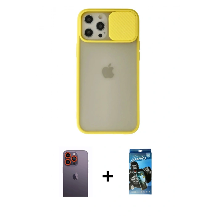 MARSİLYAN™- iPhone 12 Pro Max Kılıf Vadi Çizgi - Siyah 34D Izgaralı Cam + Neon Fosforlu Kamera Lens - TU