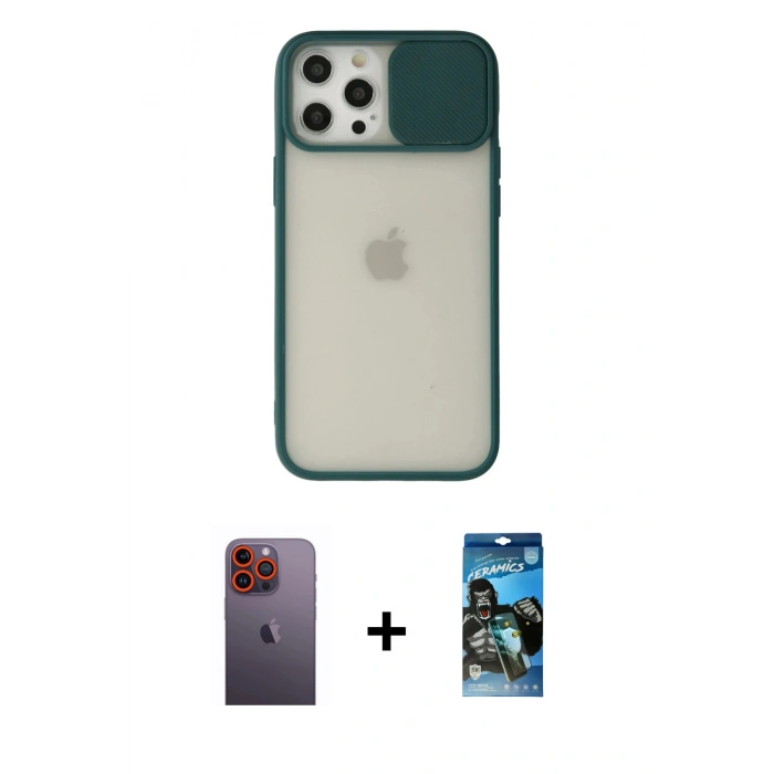 MARSİLYAN™- iPhone 12 Pro Max Kılıf Vadi Çizgi - Siyah 34D Izgaralı Cam + Neon Fosforlu Kamera Lens - TU