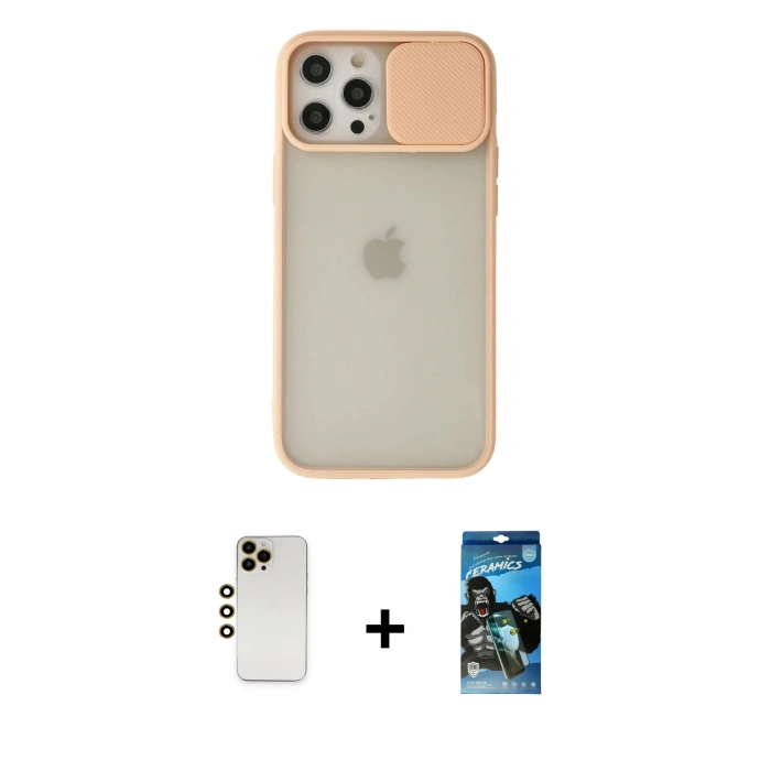 MARSİLYAN™- iPhone 12 Pro Max Kılıf Vadi Çizgi - Siyah 34D Izgaralı Cam + Shine Kamera Lens - GD