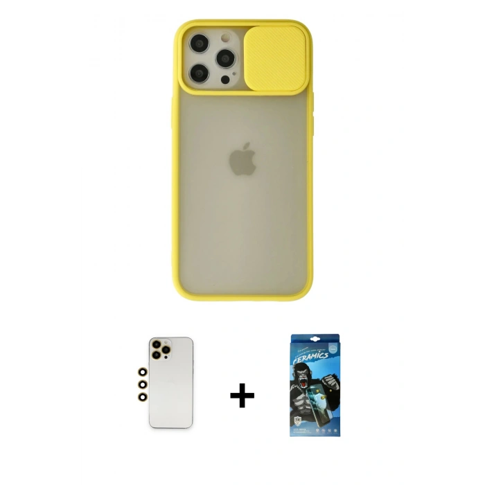 MARSİLYAN™- iPhone 12 Pro Max Kılıf Vadi Çizgi - Siyah 34D Izgaralı Cam + Shine Kamera Lens - GD