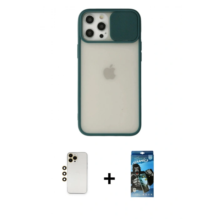 MARSİLYAN™- iPhone 12 Pro Max Kılıf Vadi Çizgi - Siyah 34D Izgaralı Cam + Shine Kamera Lens - GD