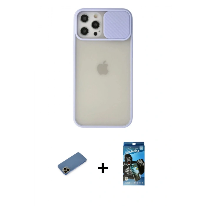 MARSİLYAN™- iPhone 12 Pro Max Kılıf Vadi Çizgi - Siyah 34D Izgaralı Cam + Shine Kamera Lens Koruma Cam - GD