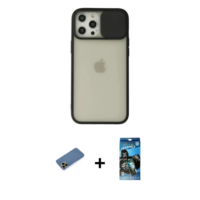 MARSİLYAN™- iPhone 12 Pro Max Kılıf Vadi Çizgi - Siyah 34D Izgaralı Cam + Shine Kamera Lens Koruma Cam - GD