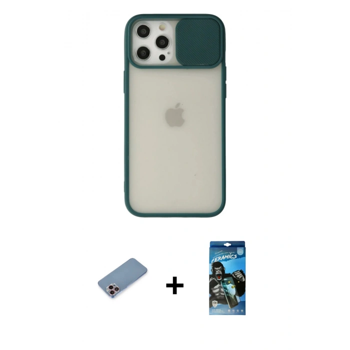 MARSİLYAN™- iPhone 12 Pro Max Kılıf Vadi Çizgi - Siyah 34D Izgaralı Cam + Shine Kamera Lens Koruma Cam - PE