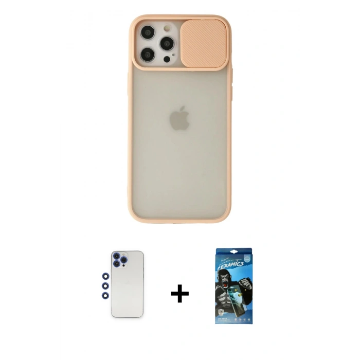MARSİLYAN™- iPhone 12 Pro Max Kılıf Vadi Çizgi - Siyah 34D Izgaralı Cam + Shine Kamera Lens - LT