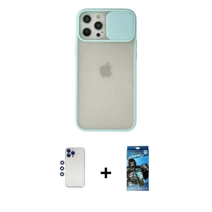 MARSİLYAN™- iPhone 12 Pro Max Kılıf Vadi Çizgi - Siyah 34D Izgaralı Cam + Shine Kamera Lens - LT