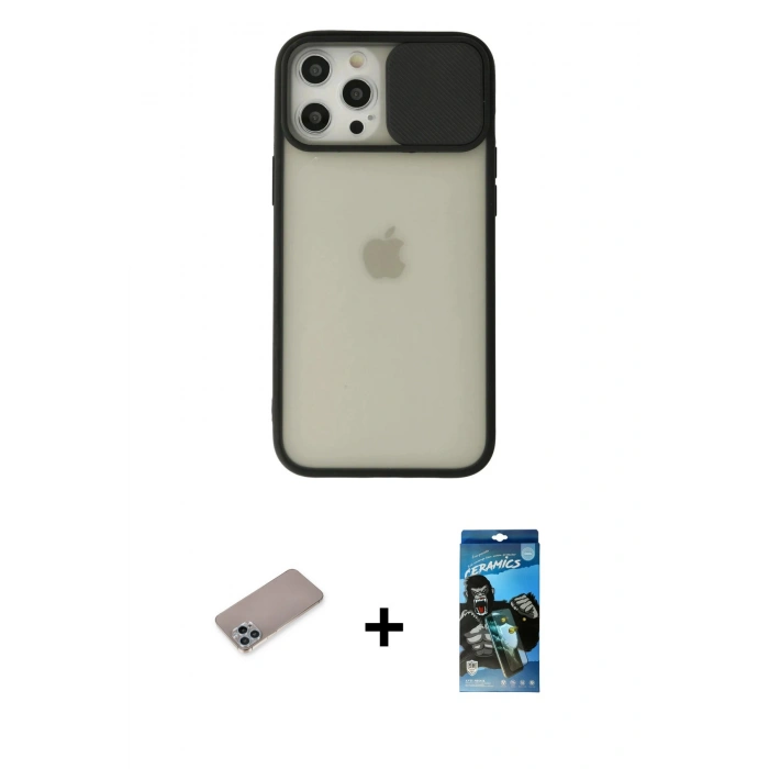MARSİLYAN™- iPhone 12 Pro Max Kılıf Vadi Çizgi - Siyah 34D Izgaralı Cam + Shine Kamera Lens Koruma Cam - SABE