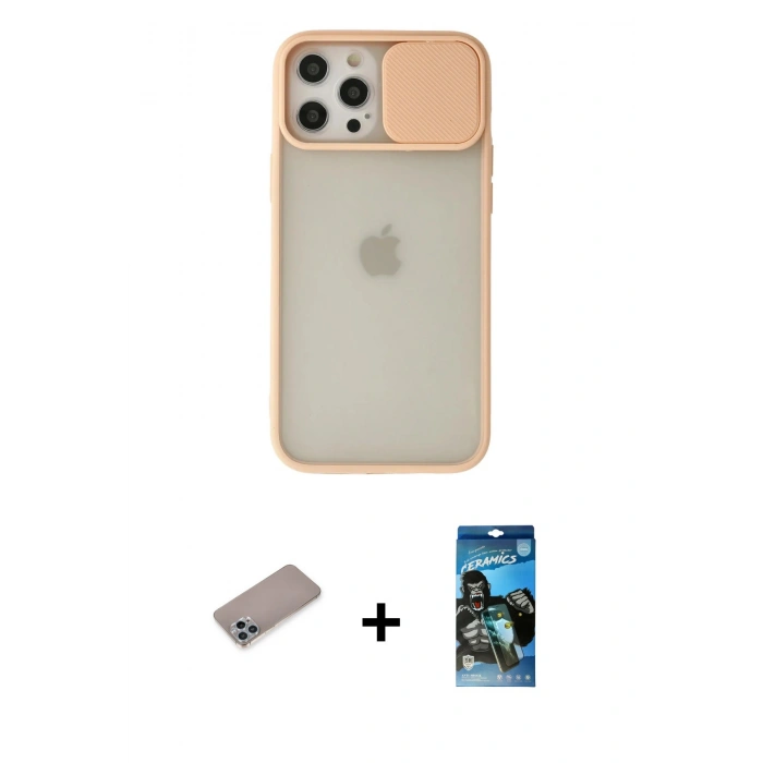 MARSİLYAN™- iPhone 12 Pro Max Kılıf Vadi Çizgi - Siyah 34D Izgaralı Cam + Shine Kamera Lens Koruma Cam - SABE
