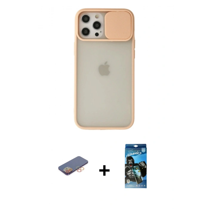 MARSİLYAN™- iPhone 12 Pro Max Kılıf Vadi Çizgi - Siyah 34D Izgaralı Cam + Renkli Kamera Lens Koruma Cam - TU