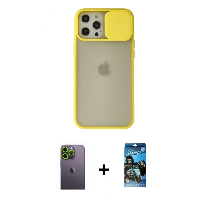 MARSİLYAN™- iPhone 12 Pro Max Kılıf Vadi Çizgi - Siyah 34D Izgaralı Cam + Neon Fosforlu Kamera Lens - YL