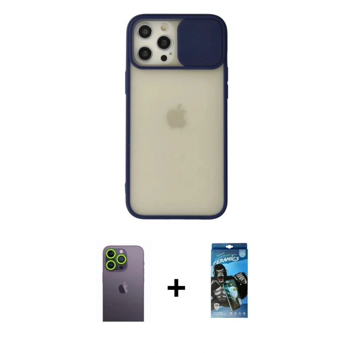 MARSİLYAN™- iPhone 12 Pro Max Kılıf Vadi Çizgi - Siyah 34D Izgaralı Cam + Neon Fosforlu Kamera Lens - YL