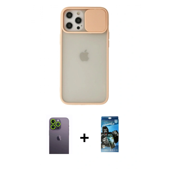 MARSİLYAN™- iPhone 12 Pro Max Kılıf Vadi Çizgi - Siyah 34D Izgaralı Cam + Neon Fosforlu Kamera Lens - YL