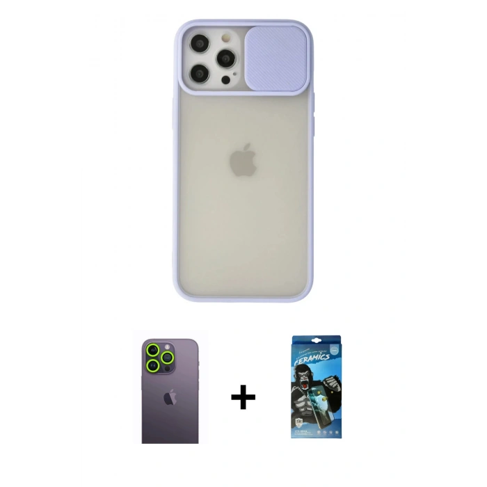 MARSİLYAN™- iPhone 12 Pro Max Kılıf Vadi Çizgi - Siyah 34D Izgaralı Cam + Neon Fosforlu Kamera Lens - YL