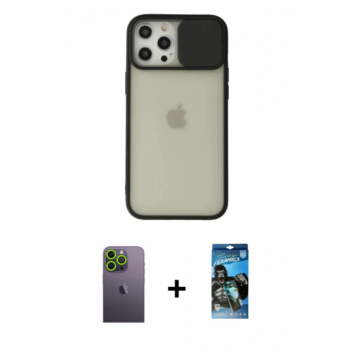 MARSİLYAN™- iPhone 12 Pro Max Kılıf Vadi Çizgi - Siyah 34D Izgaralı Cam + Neon Fosforlu Kamera Lens - YL