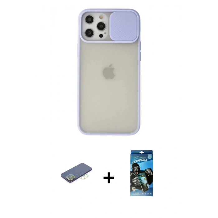 MARSİLYAN™- iPhone 12 Pro Max Kılıf Vadi Çizgi - Siyah 34D Izgaralı Cam + Yeşil Renkli Kamera Lens Koruma Cam