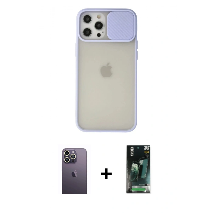 MARSİLYAN™- iPhone 12 Pro Max Kılıf Vadi Çizgi - Siyah 360 Mat Full Body Arka Koruyucu + Neon Fosforlu Kamera Lens - BZ
