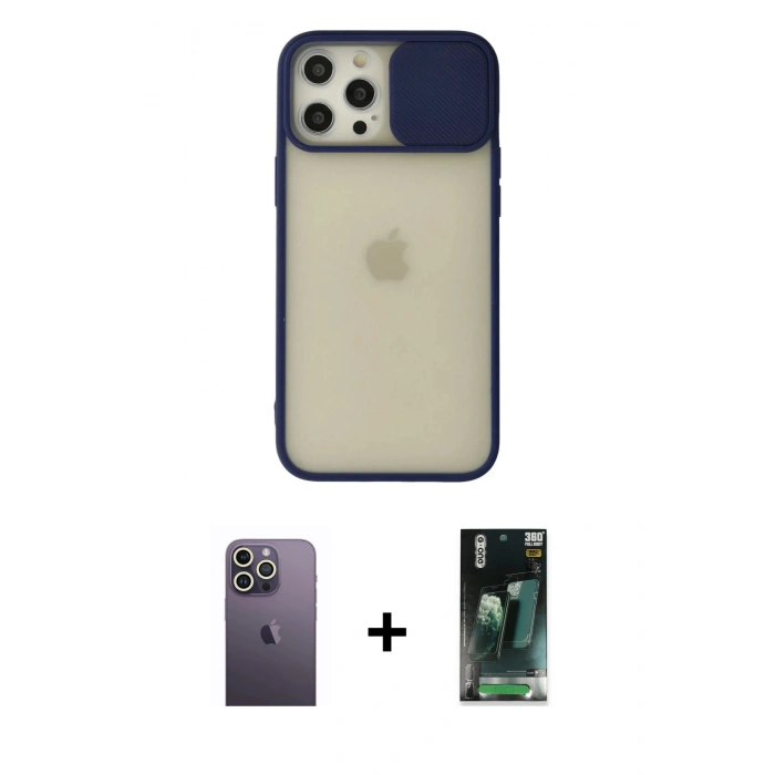 MARSİLYAN™- iPhone 12 Pro Max Kılıf Vadi Çizgi - Siyah 360 Mat Full Body Arka Koruyucu + Neon Fosforlu Kamera Lens - BZ