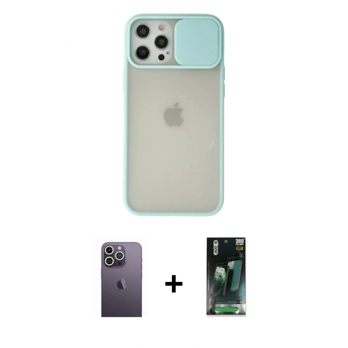 MARSİLYAN™- iPhone 12 Pro Max Kılıf Vadi Çizgi - Siyah 360 Mat Full Body Arka Koruyucu + Neon Fosforlu Kamera Lens - BZ