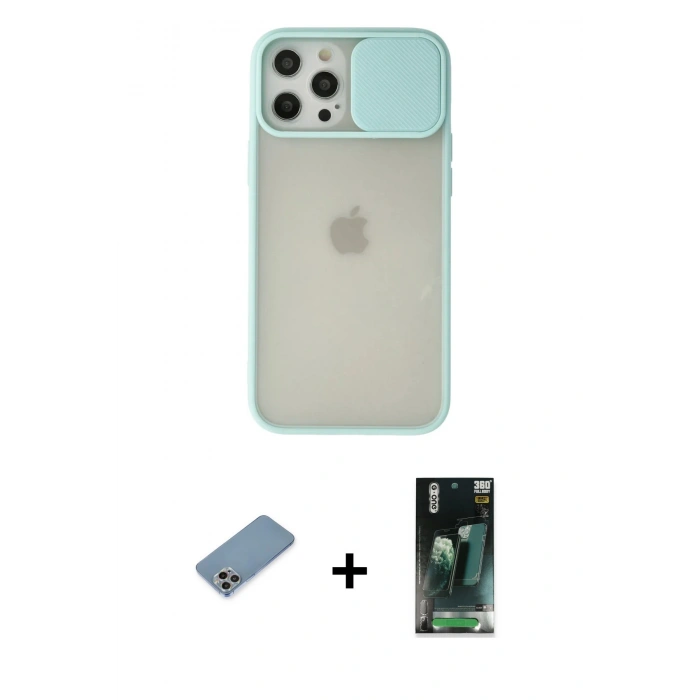 MARSİLYAN™- iPhone 12 Pro Max Kılıf Vadi Çizgi - Siyah 360 Mat Full Body Arka Koruyucu + Shine Kamera Lens Koruma Cam - GI