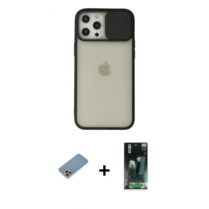 MARSİLYAN™- iPhone 12 Pro Max Kılıf Vadi Çizgi - Siyah 360 Mat Full Body Arka Koruyucu + Shine Kamera Lens Koruma Cam - GI