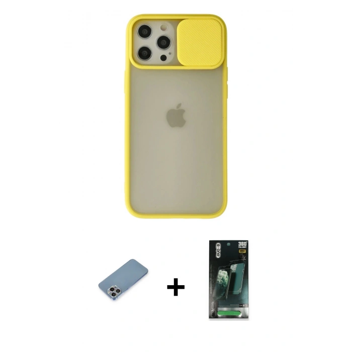 MARSİLYAN™- iPhone 12 Pro Max Kılıf Vadi Çizgi - Siyah 360 Mat Full Body Arka Koruyucu + Shine Kamera Lens Koruma Cam - GI