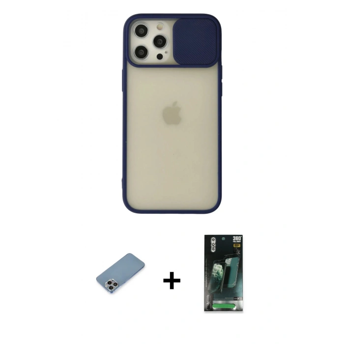 MARSİLYAN™- iPhone 12 Pro Max Kılıf Vadi Çizgi - Siyah 360 Mat Full Body Arka Koruyucu + Shine Kamera Lens Koruma Cam - GI