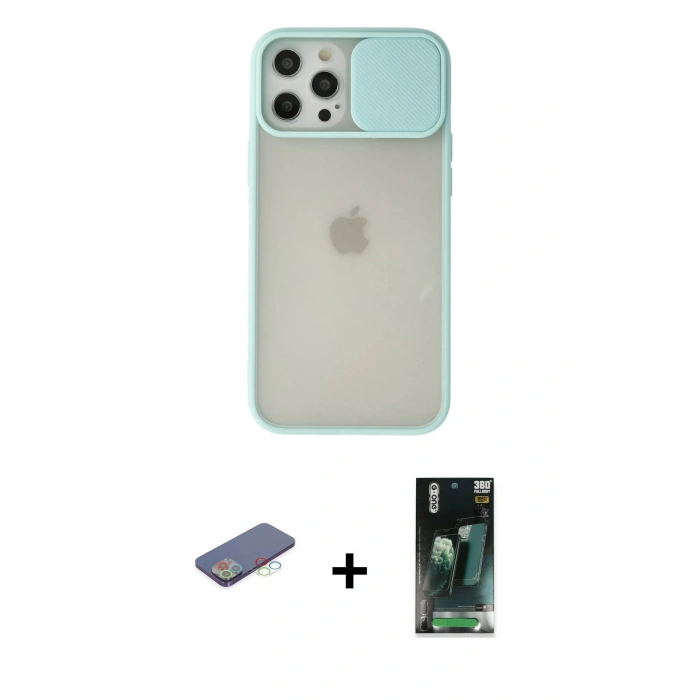 MARSİLYAN™- iPhone 12 Pro Max Kılıf Vadi Çizgi - Siyah 360 Mat Full Body Arka Koruyucu + Renkli Kamera Lens Koruma Cam - MI