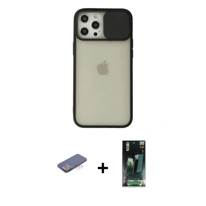 MARSİLYAN™- iPhone 12 Pro Max Kılıf Vadi Çizgi - Siyah 360 Mat Full Body Arka Koruyucu + Renkli Kamera Lens Koruma Cam - MI
