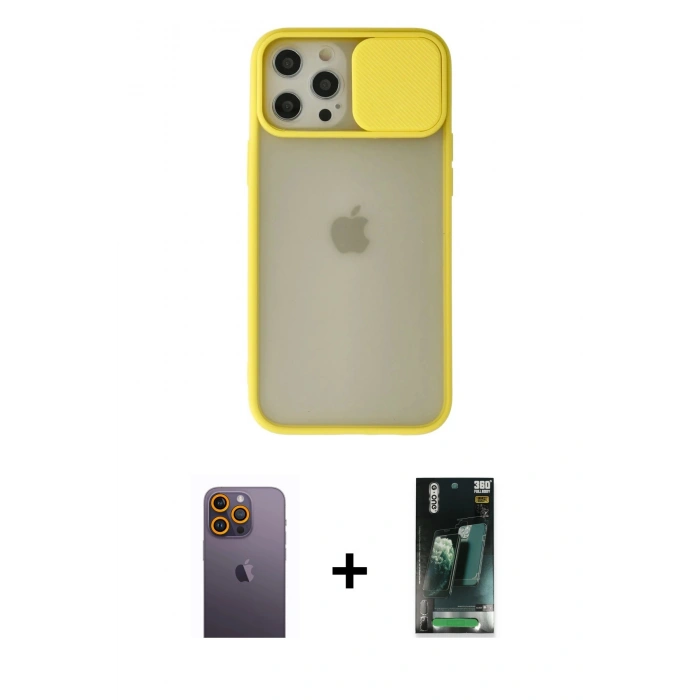 MARSİLYAN™- iPhone 12 Pro Max Kılıf Vadi Çizgi - Siyah 360 Mat Full Body Arka Koruyucu + Neon Fosforlu Kamera Lens - SI