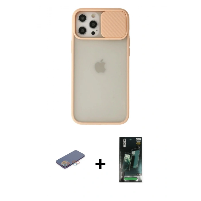 MARSİLYAN™- iPhone 12 Pro Max Kılıf Vadi Çizgi - Siyah 360 Mat Full Body Arka Koruyucu + Renkli Kamera Lens Koruma Cam - PE