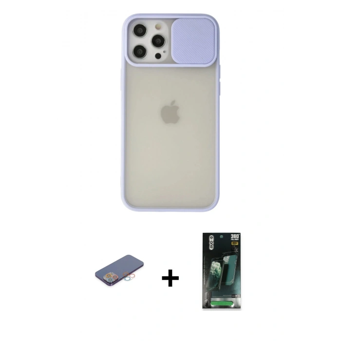 MARSİLYAN™- iPhone 12 Pro Max Kılıf Vadi Çizgi - Siyah 360 Mat Full Body Arka Koruyucu + Renkli Kamera Lens Koruma Cam - PE