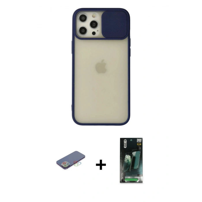 MARSİLYAN™- iPhone 12 Pro Max Kılıf Vadi Çizgi - Siyah 360 Mat Full Body Arka Koruyucu + Renkli Kamera Lens Koruma Cam - MI