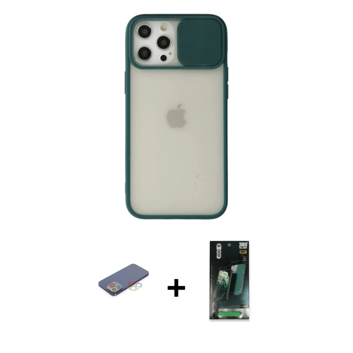 MARSİLYAN™- iPhone 12 Pro Max Kılıf Vadi Çizgi - Siyah 360 Mat Full Body Arka Koruyucu + Renkli Kamera Lens Koruma Cam - MI