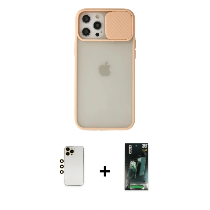 MARSİLYAN™- iPhone 12 Pro Max Kılıf Vadi Çizgi - Siyah 360 Mat Full Body Arka Koruyucu + Shine Kamera Lens - GD