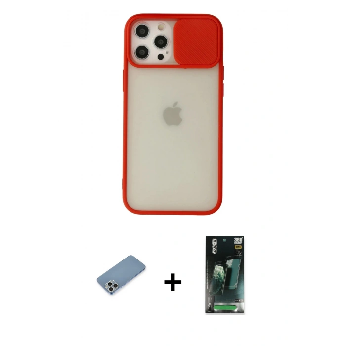 MARSİLYAN™- iPhone 12 Pro Max Kılıf Vadi Çizgi - Siyah 360 Mat Full Body Arka Koruyucu + Shine Kamera Lens Koruma Cam - GS