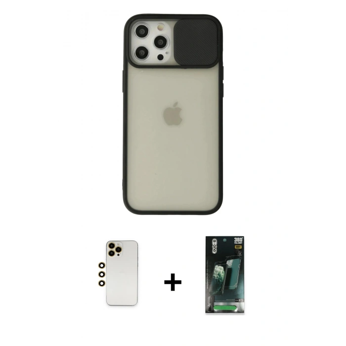MARSİLYAN™- iPhone 12 Pro Max Kılıf Vadi Çizgi - Siyah 360 Mat Full Body Arka Koruyucu + Shine Kamera Lens - GD