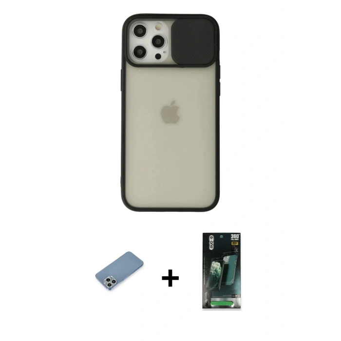 MARSİLYAN™- iPhone 12 Pro Max Kılıf Vadi Çizgi - Siyah 360 Mat Full Body Arka Koruyucu + Shine Kamera Lens Koruma Cam - GS