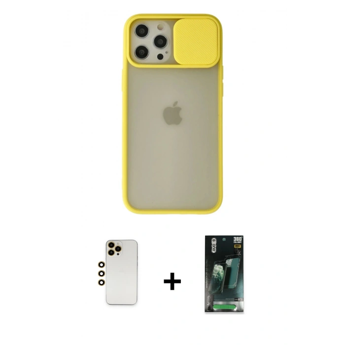 MARSİLYAN™- iPhone 12 Pro Max Kılıf Vadi Çizgi - Siyah 360 Mat Full Body Arka Koruyucu + Shine Kamera Lens - GD